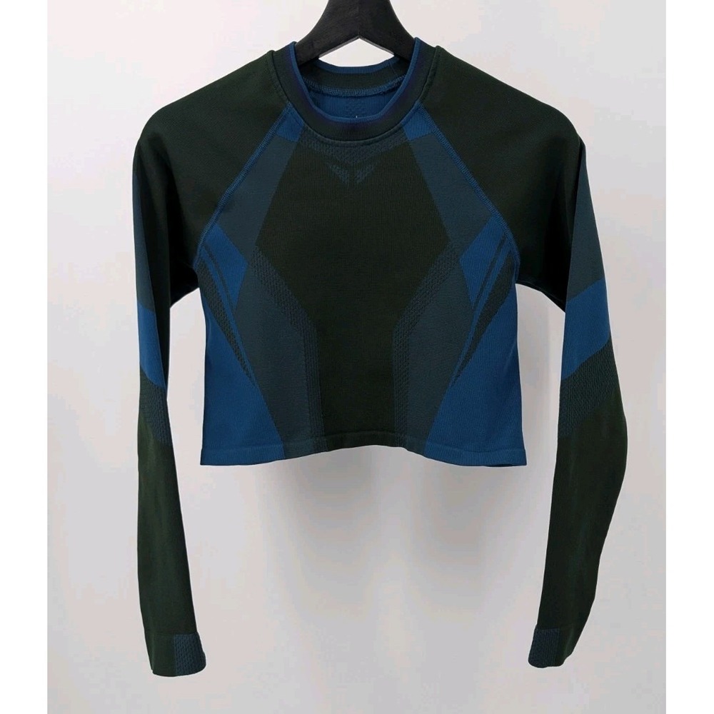 Women’s Long Sleeve Crop Top in Dark Green and Blue